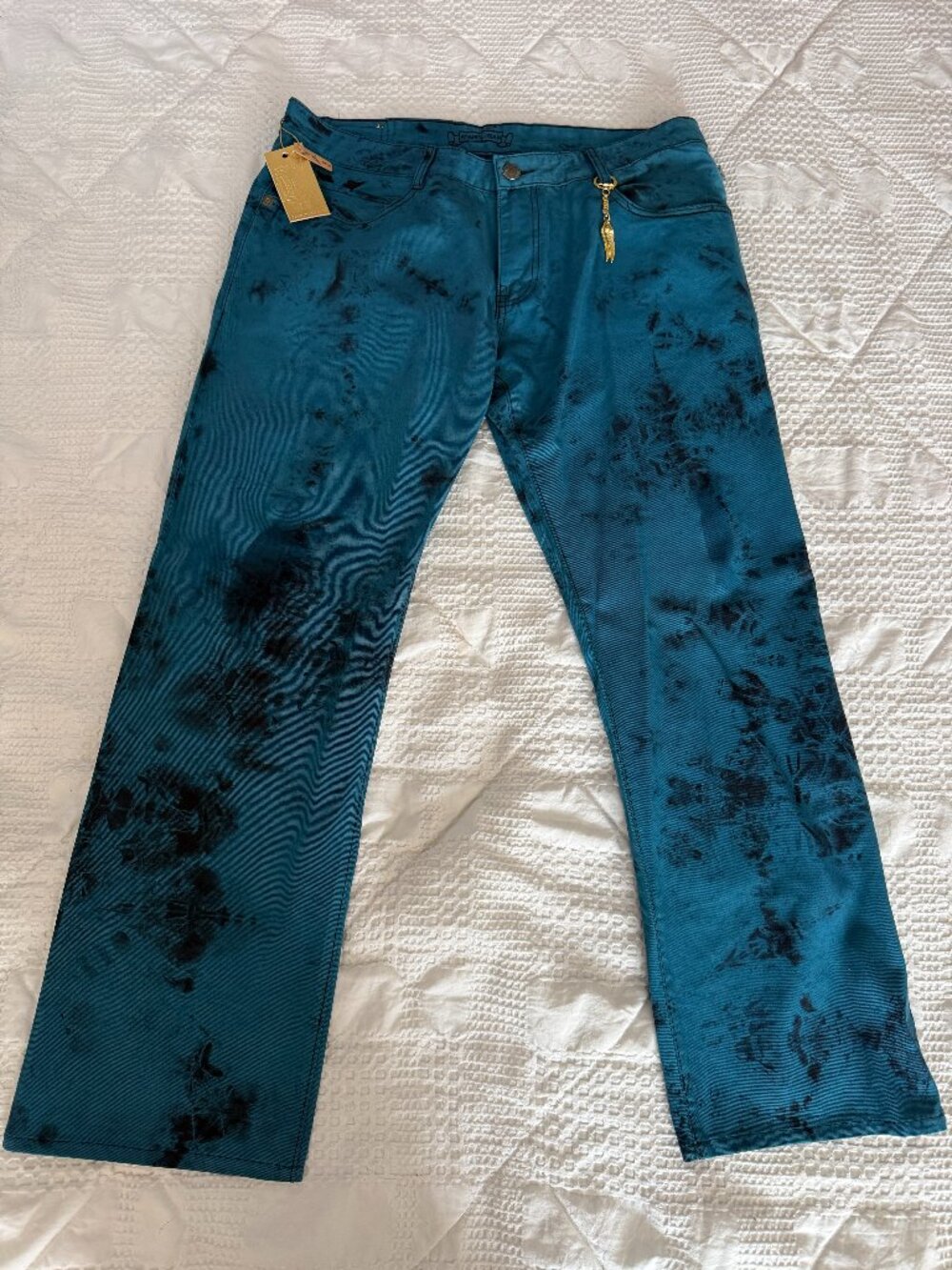 Robin’s Jean Men’s 38 Teal Black Tie Dye Studded Flap Jeans NWT